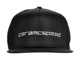 CeramicSpeed black flat brim cap with adjustable snapback and one size fits all, made of breathable clothing material.