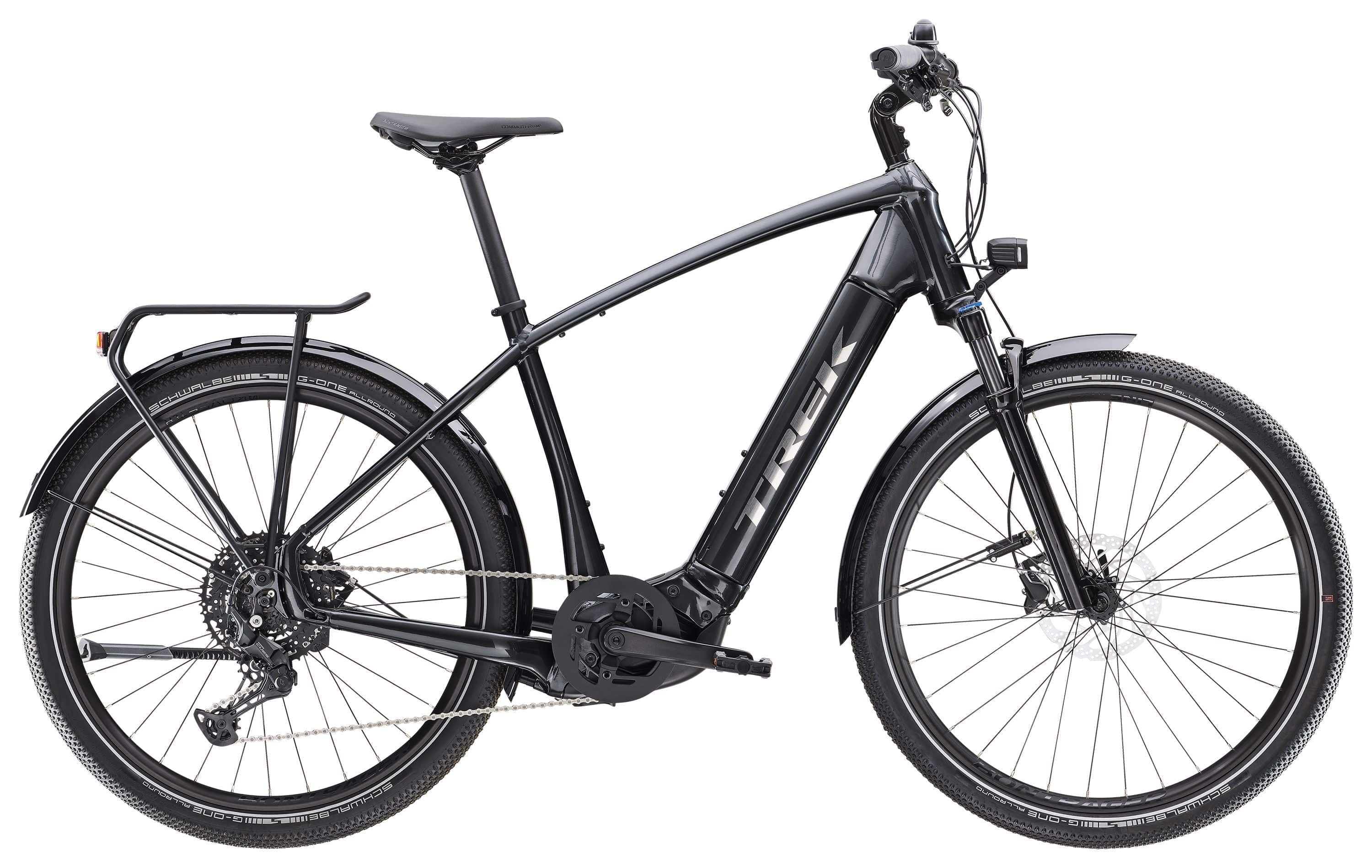 Trek Allant+ 7 2025 electric hybrid bike with sleek frame, battery pack, and handlebars designed for commuting and recreation.