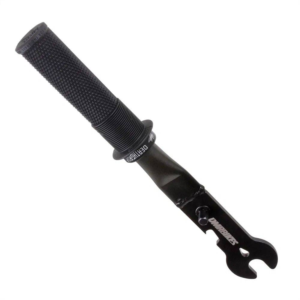 DMR Bikes pedal spanner tool with 15mm wrench and deathgrip handle for bike maintenance, workshop tool in close-up view.