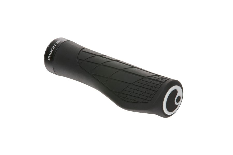 Ergon GA3 ergonomic bike grips with aluminium clamps, designed for comfort and control on bicycle handlebars.