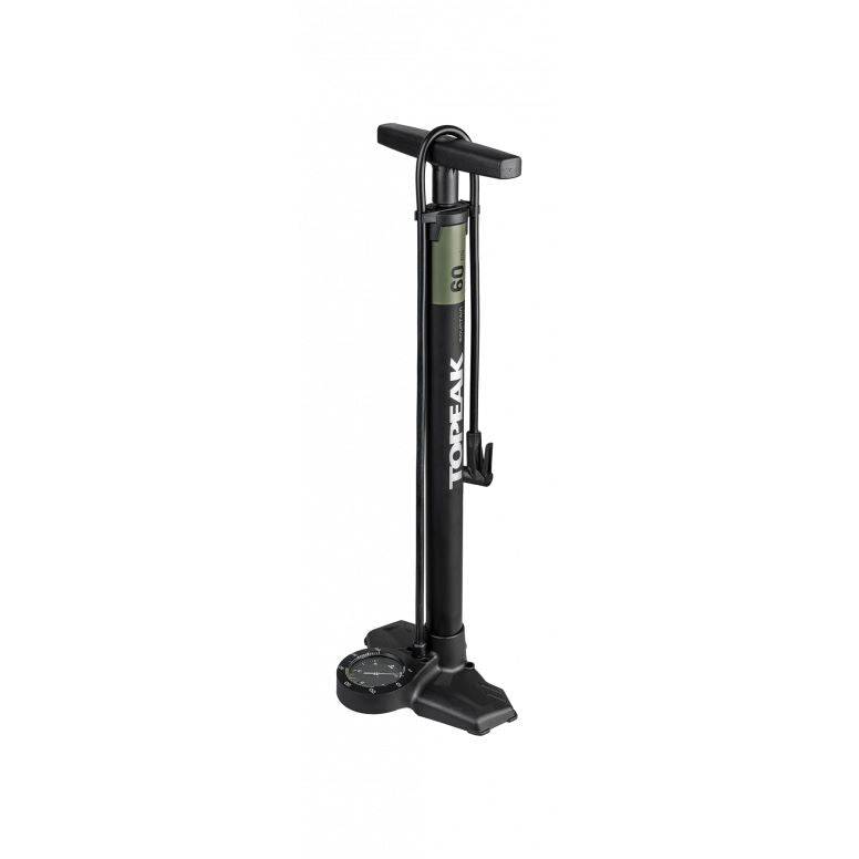 Topeak JoeBlow Mountain Ex floor pump with SmartHead, black and green, showing the pump with handle and gauge for Presta and Schrader valves.