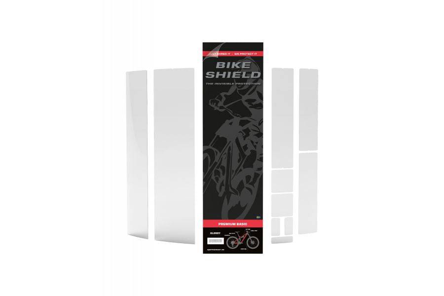 Clear gloss Bike Shield Premium Basic Kit bike frame protection film showing the smooth, transparent protective layer on a bicycle frame.