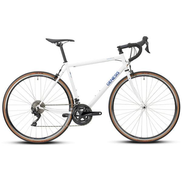 Genesis Equilibrium road bike with Shimano 105 shifters, lightweight frame, and aerodynamic design for comfortable long-distance cycling.