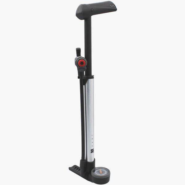 M Part mini floor pump with dial gauge, reversible valve head, and frame bracket for bicycle tire inflation.