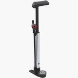 M Part mini floor pump with dial gauge, reversible valve head, and frame bracket for bicycle tire inflation.