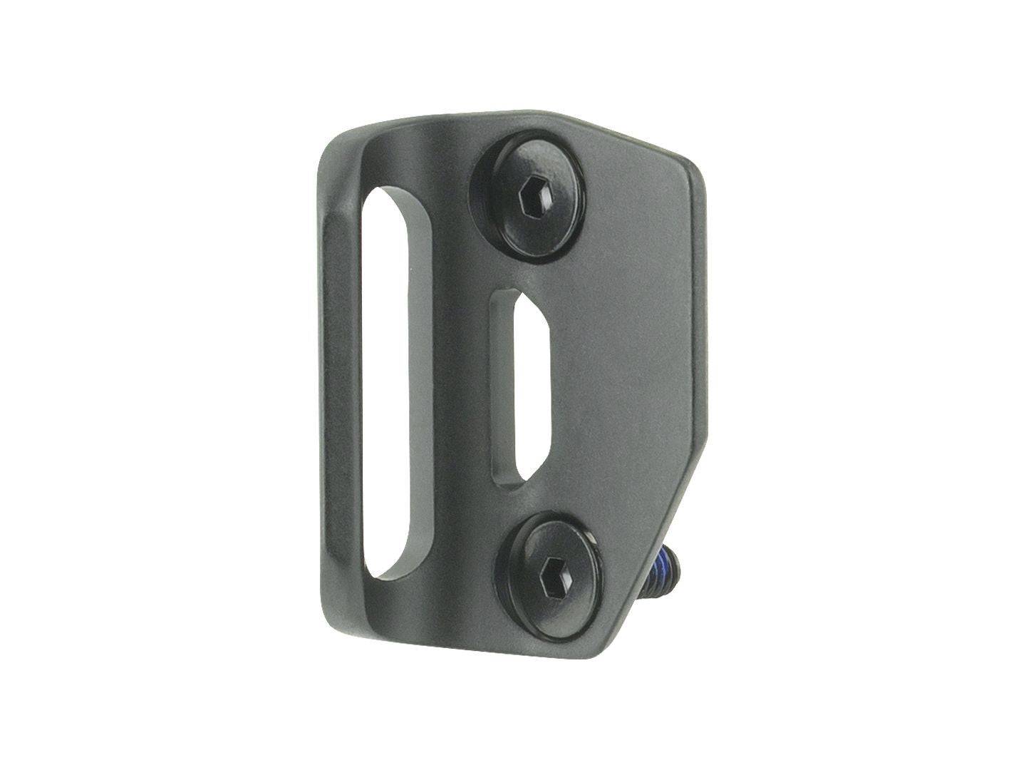 Black Trek road bike front derailleur hanger, durable replacement component for Trek cycling bikes, shown in close-up.