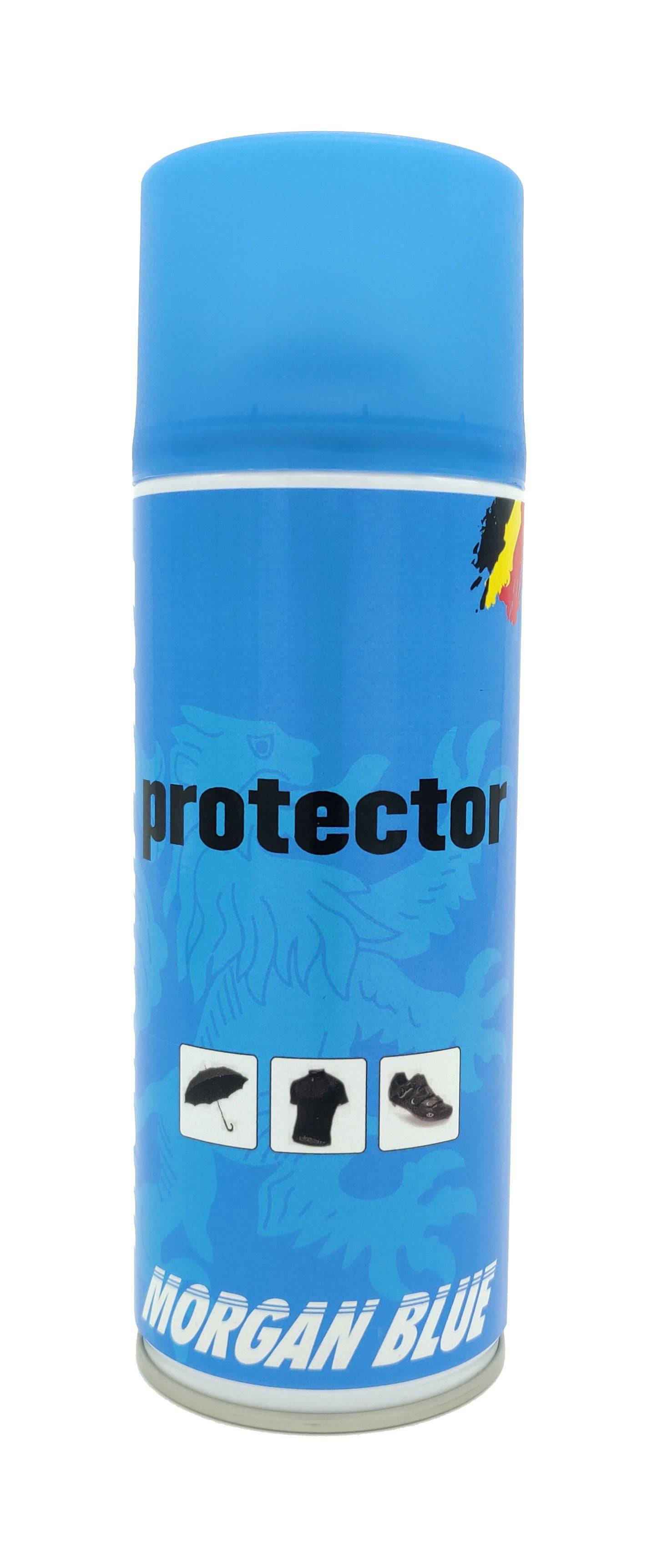 Morgan Blue Protector Aerosol spray in 400cc for waterproofing sport shoes and bike clothing, shown in a workshop setting.