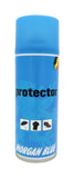 Morgan Blue Protector Aerosol spray in 400cc for waterproofing sport shoes and bike clothing, shown in a workshop setting.