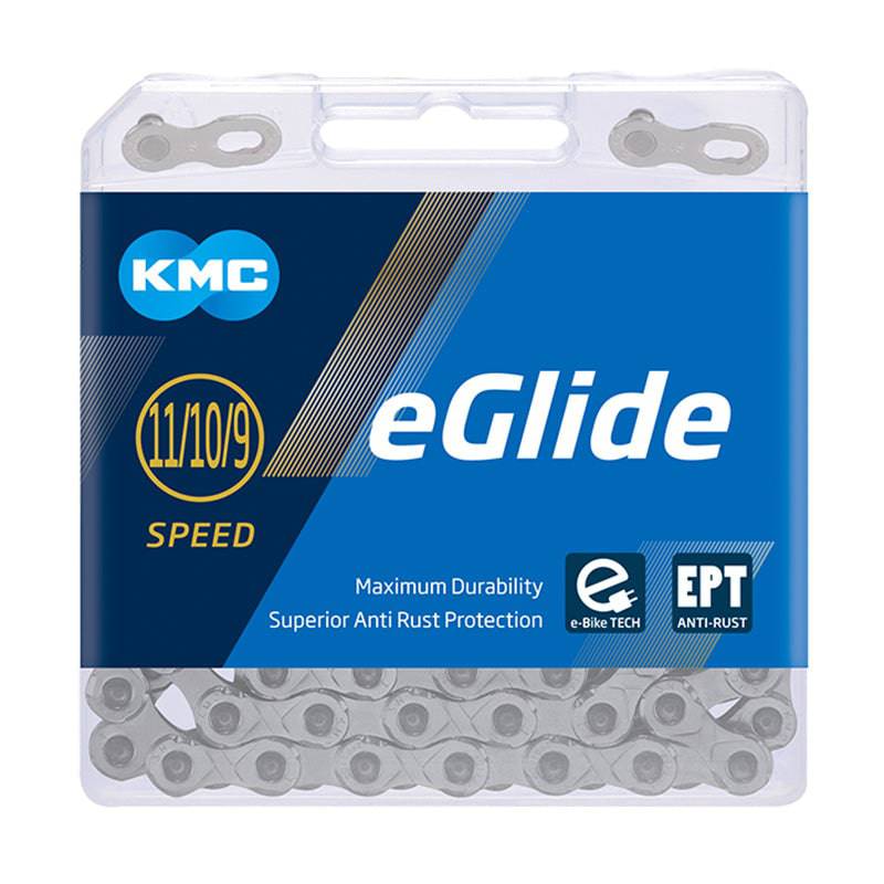 KMC eGlide 118L/132L chain for Shimano LINKGLIDE 9-11 speed e-bike systems, showing the silver chain links and branding