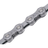 KMC eGlide bike chain for Shimano LINKGLIDE 9-11 speed e-bike systems, showing the silver chain links and branding.