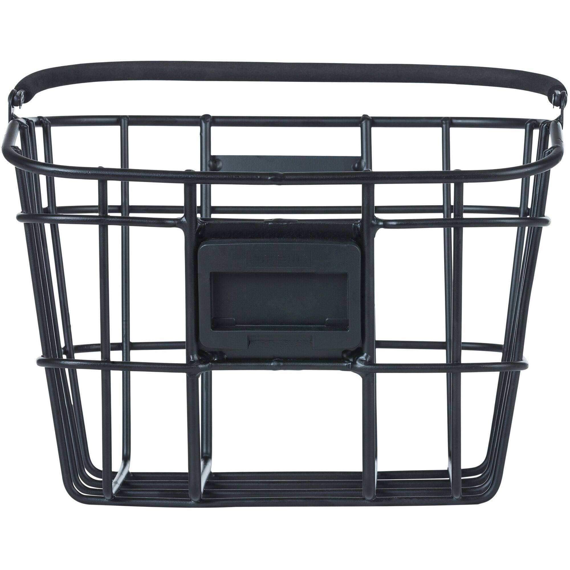 Basil Bremen Alu KF front bike basket in matte black with detachable handle and adapter plate for easy mounting.