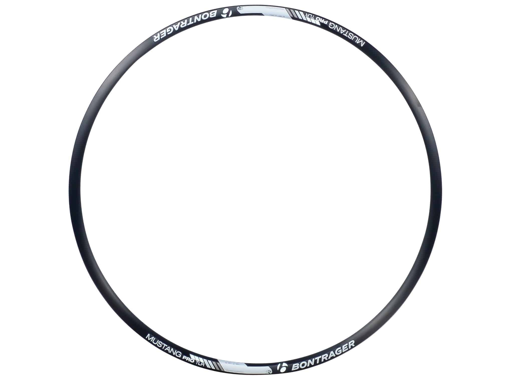 Black Bontrager Mustang Pro 29-inch TLR clincher MTB rim for tubeless-ready mountain biking, suitable for front or rear use.