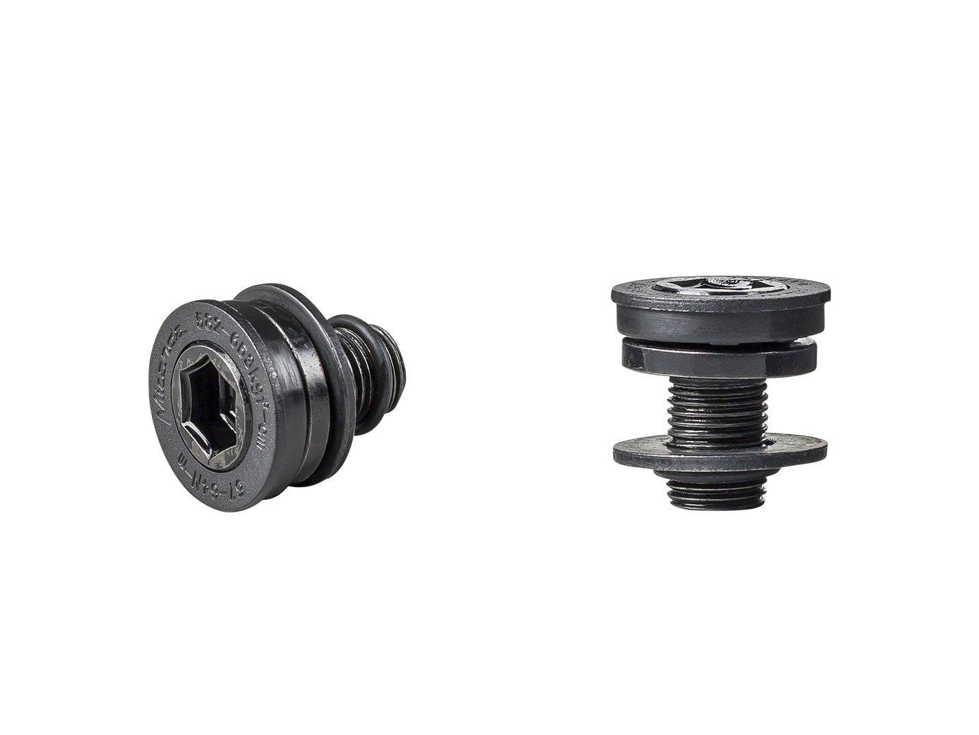 Black M10 x 14mm Miranda crankarm bolts for Trek and Miranda bike cranksets, shown installed on a bicycle component.