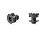Black M10 x 14mm Miranda crankarm bolts for Trek and Miranda bike cranksets, shown installed on a bicycle component.