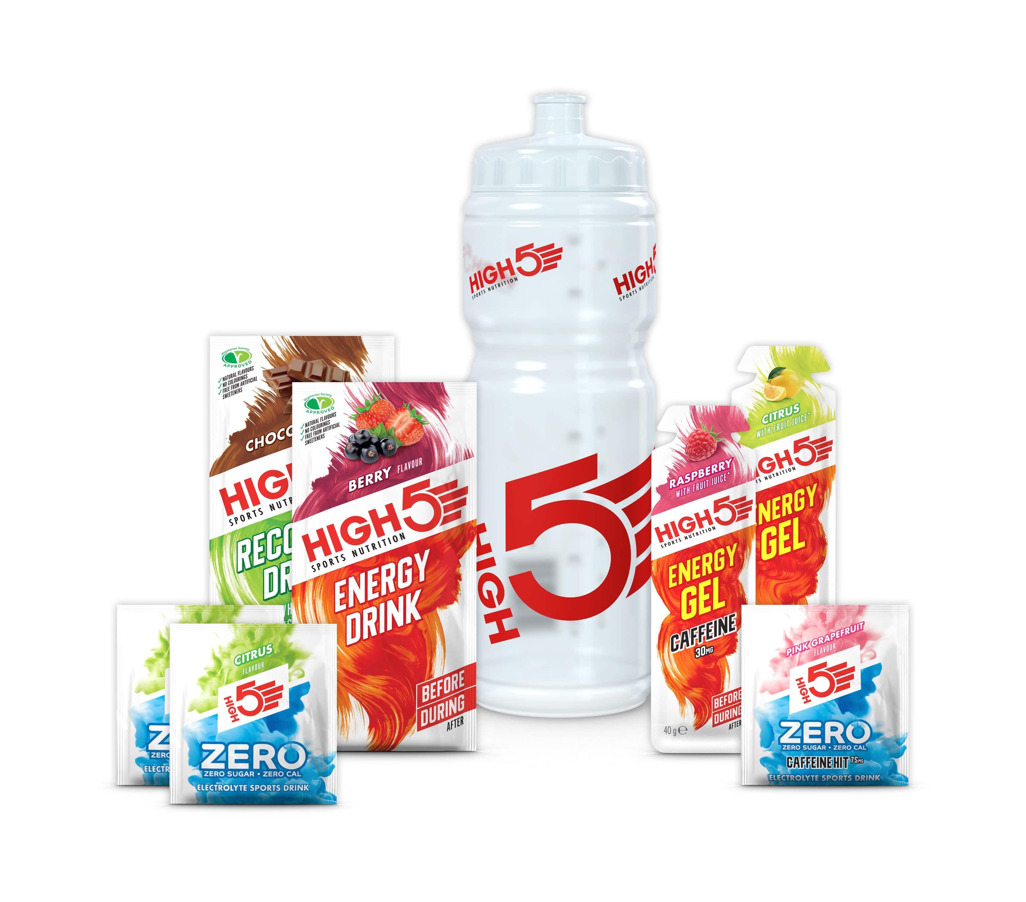 High5 sports nutrition starter kit with 750ml hydration bottle and accessories for energy and hydration.