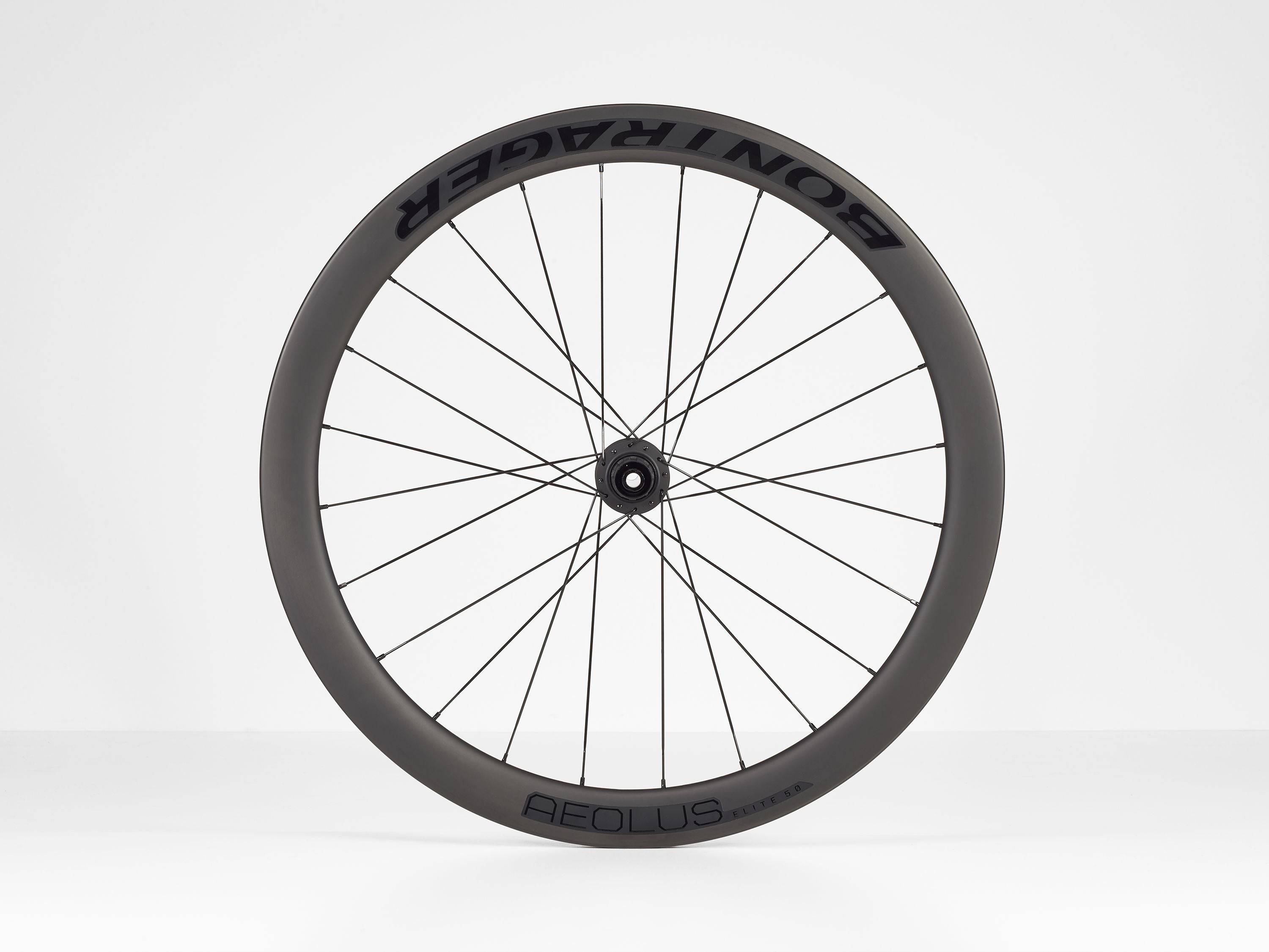 Bontrager Aeolus Elite 50 TLR disc road wheels with tubeless-ready carbon aero rims and sleek black spokes.