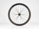 Bontrager Aeolus Elite 50 TLR disc road wheels with tubeless-ready carbon aero rims and sleek black spokes.