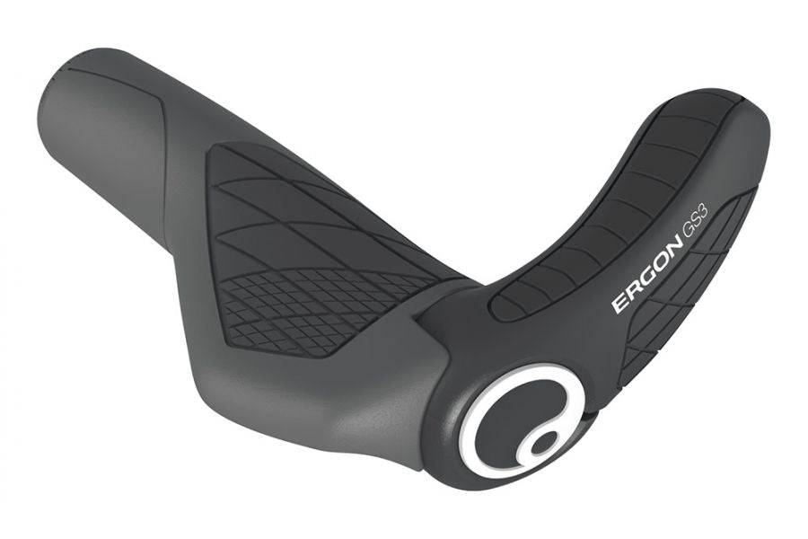 Ergon GS3 bike grips with adjustable 3-finger bar ends, designed for improved control and comfort during cycling.