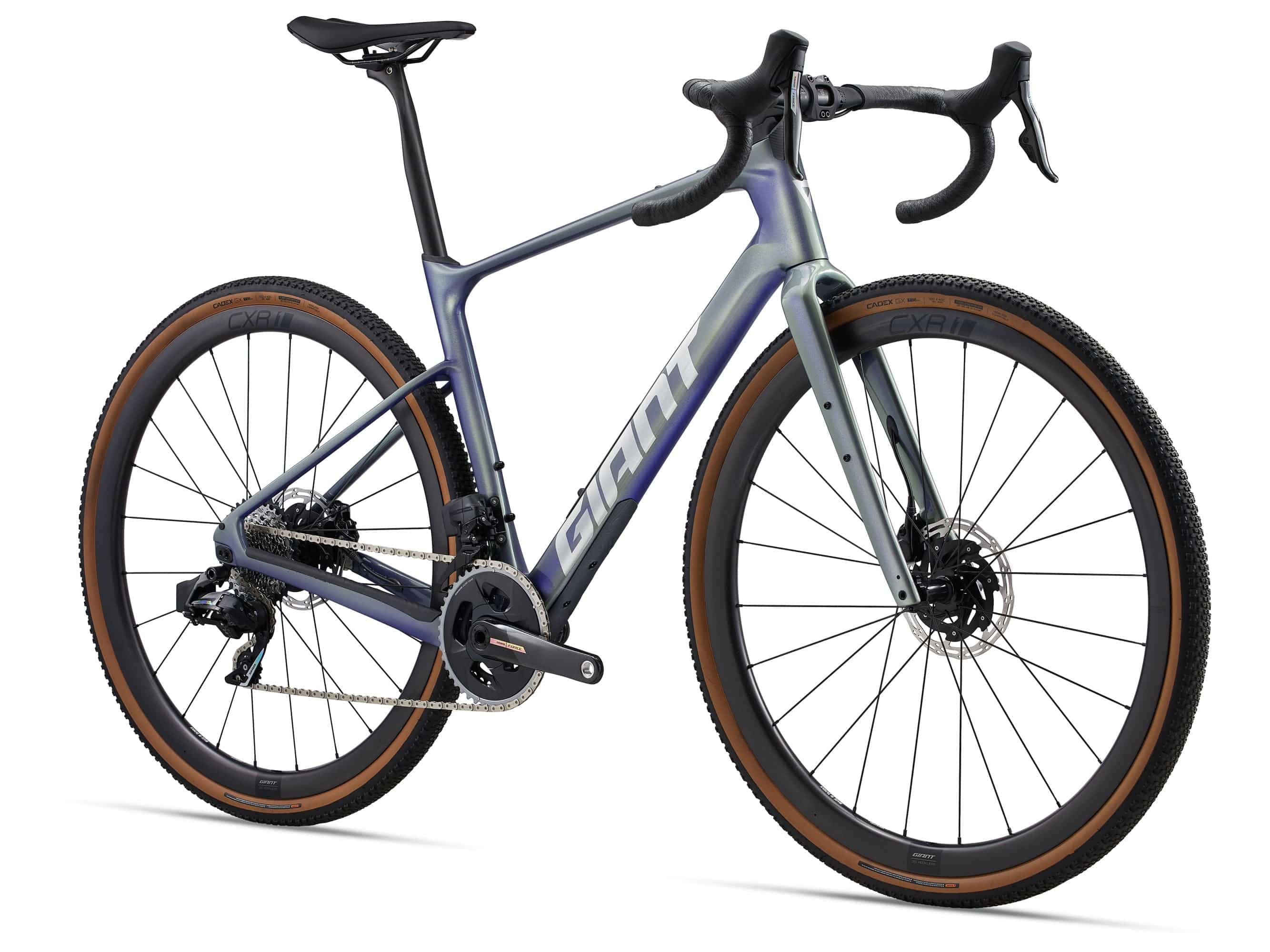 Giant Revolt Advanced Pro 0 gravel bike with customizable wheelbase and integrated storage, shown with sleek frame and mountain bike tires.