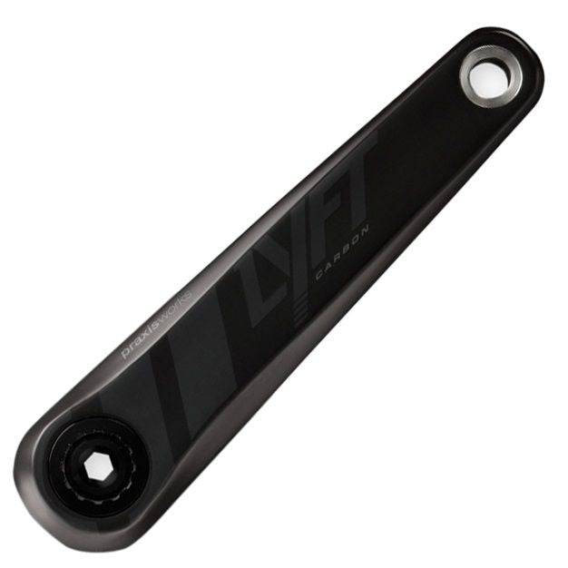 Praxis Works Lyft 175mm MTB crankset with M30 spindle and direct mount ring, shown installed on mountain bike drivetrain.