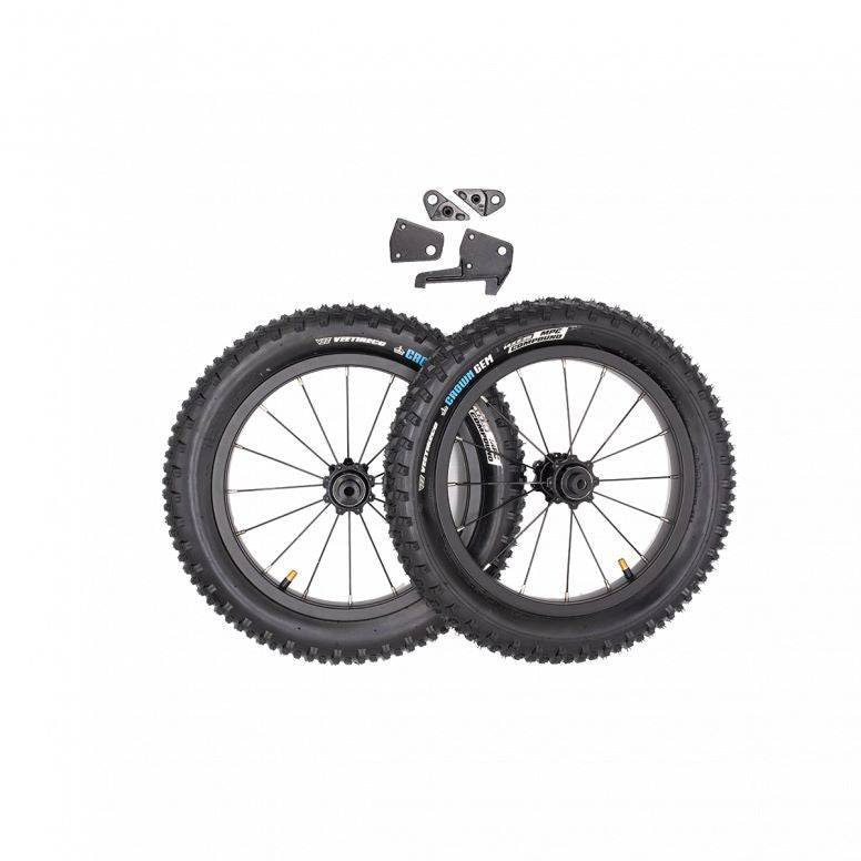 Kids Ride Shotgun Dirt Hero 14-inch wheel kit with Vee Crown Gem tyres, disc brake mount, in black for kids' bike accessories.