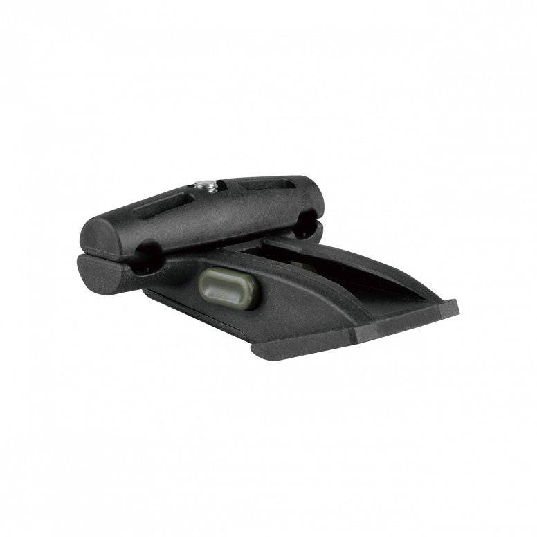Topeak Duo Fixer black saddle rail mount for QuickClick accessories, shown attached to bike saddle rails in a workshop setting.