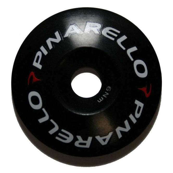 Pinarello round alloy top cap for bicycle headset, replacement component, durable metal bike part, with branding details visible.