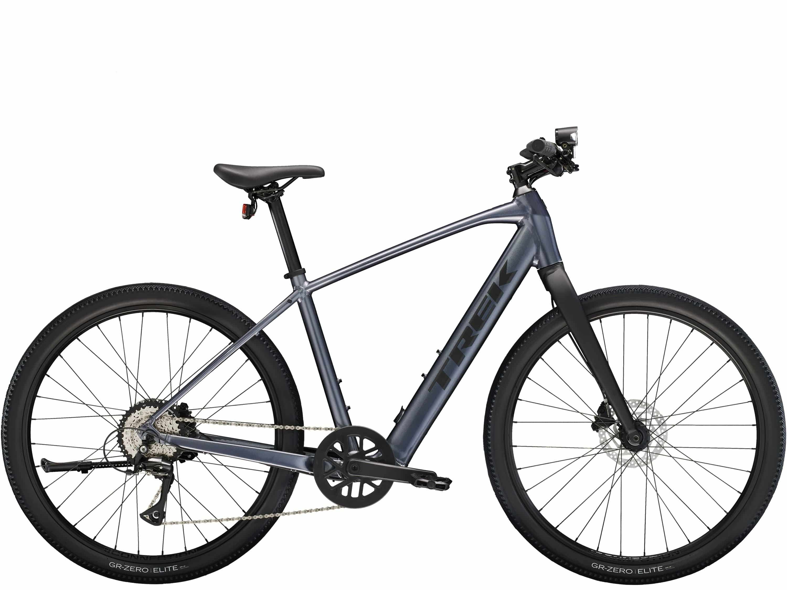 Trek Dual Sport+ 2 LT 2025 electric hybrid bike with black frame, suitable for urban and trail riding.