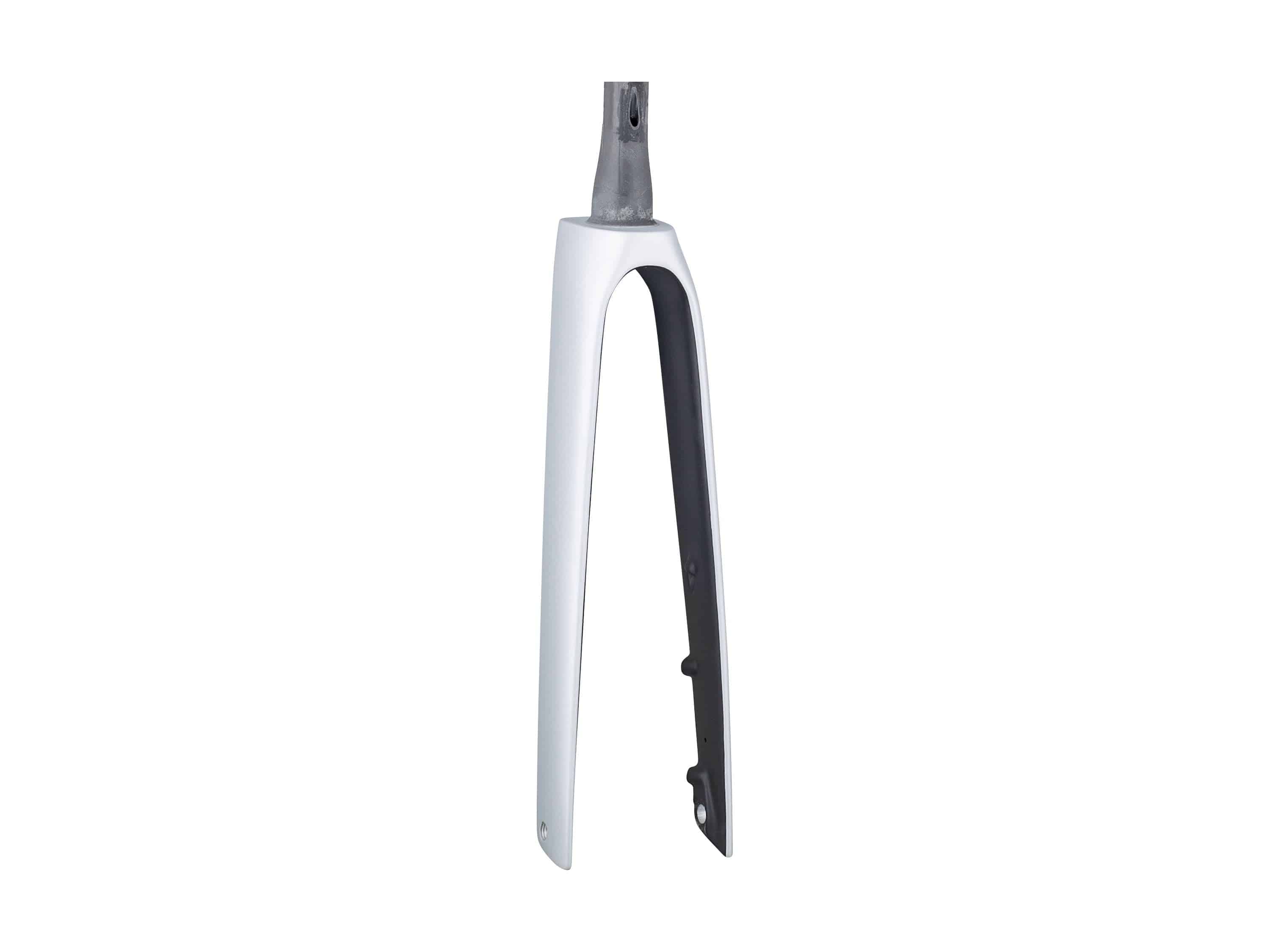 Trek Madone SLR road bike fork, rigid component for precise steering and control, shown in close-up image.