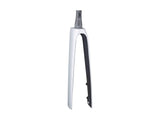 Trek Madone SLR road bike fork, rigid component for precise steering and control, shown in close-up image.