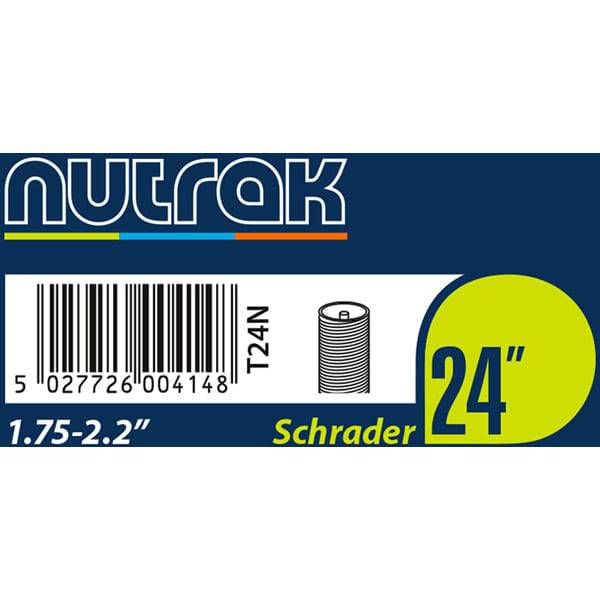 Nutrak bicycle inner tube with Schrader valve, suitable for 24-inch tires, designed for bike tire replacement and repair.