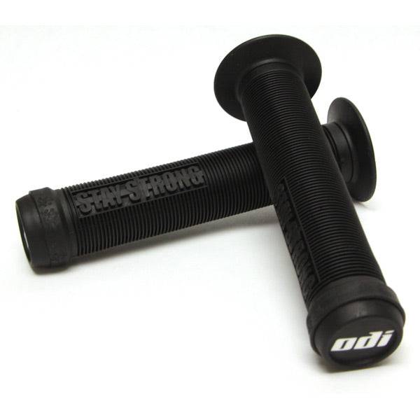 Black ODI Stay Strong Lion Heart BMX and scooter grips, 143mm, featuring limited edition design and durable rubber material.
