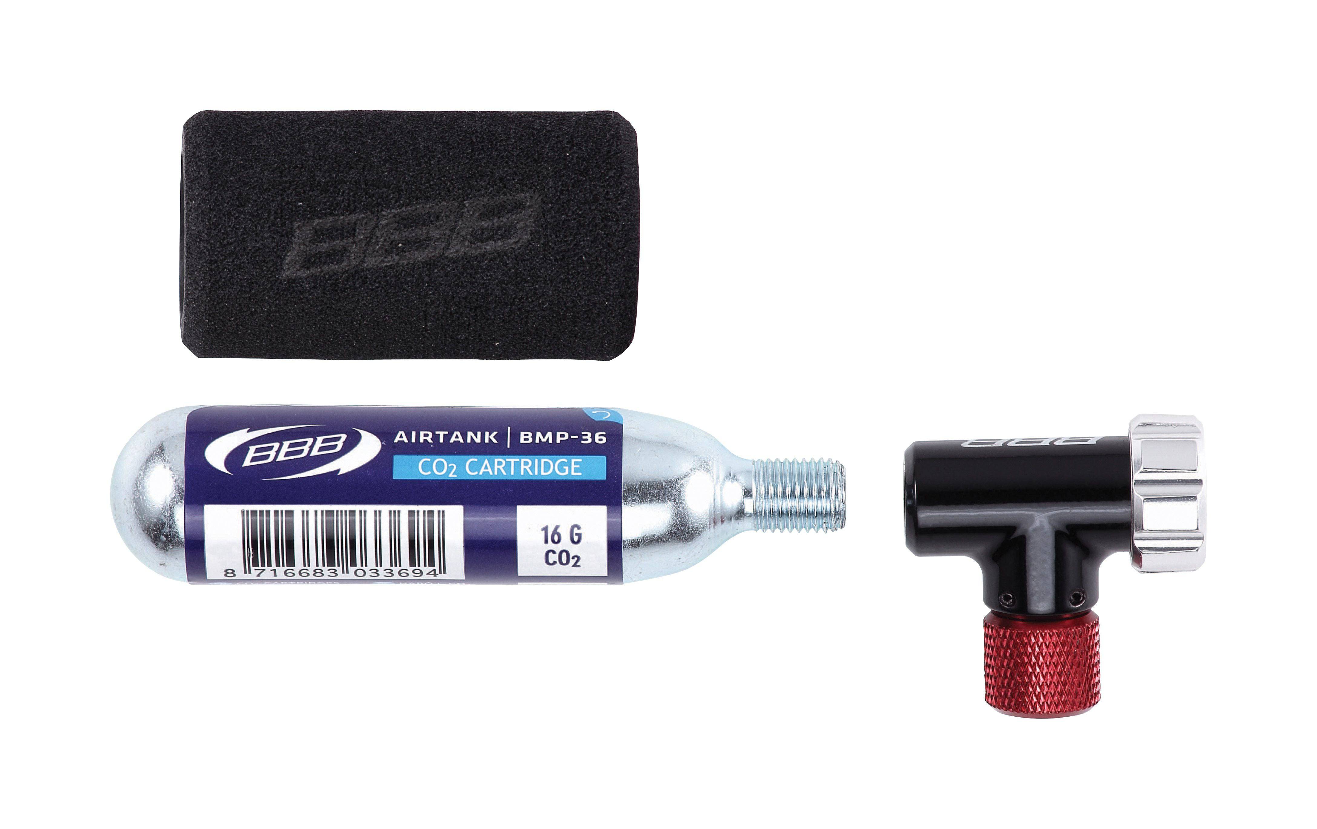 BBB BMP-34 CO2 EasyAir Pump with 16g cartridge for Presta and Schrader valves, compact bike pump accessory for quick inflation.