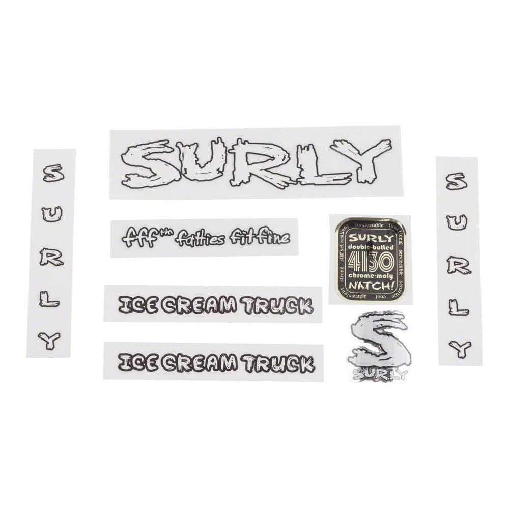 Surly bike decal kit with headbadges, including frame decals, spares, and accessories for bike customization.