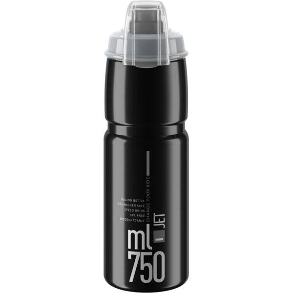Elite Jet biodegradable MTB water bottle with high flow valve, durable eco-friendly cycling accessory, shown with cap and branding.