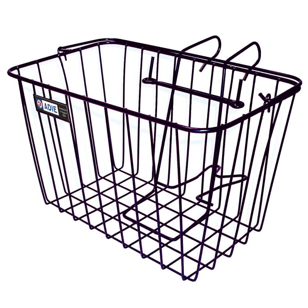 Adie front wire basket with holder for road and mountain bikes, mounted on bike frame for carrying small items.
