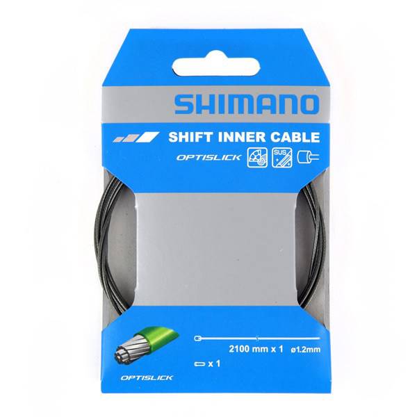 Shimano OPTISLICK coated gear inner cable for road and MTB bikes, 1.2mm x 2100mm, with a smooth, durable coating for precise shifting.