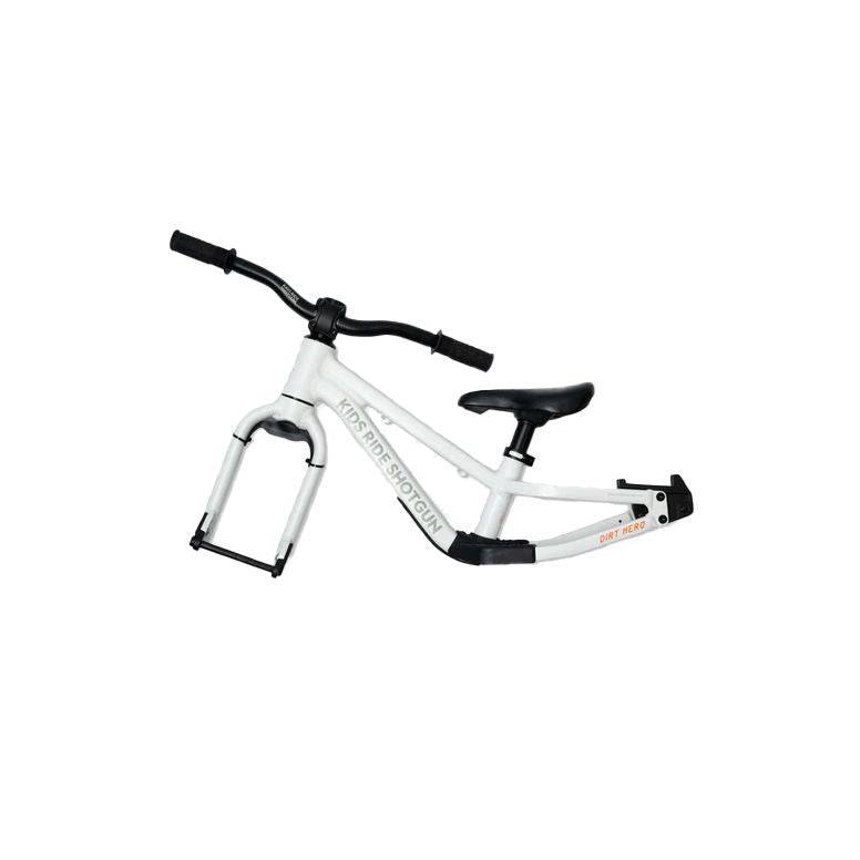 Kids Ride Shotgun Dirt Hero balance bike frame kit in Arctic Storm White, featuring durable accessories for young riders.