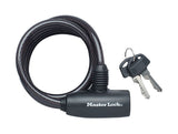 Master Lock 8mm keyed cable lock with vinyl coating and pin tumbler security, shown coiled with key inserted.