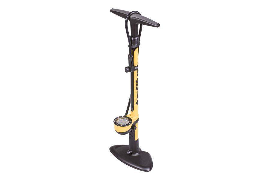 Topeak JoeBlow Sport III floor pump with black and yellow design and TwinHead DX valve connector for bike tire inflation.