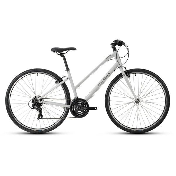 Ridgeback Motion open frame hybrid bike with Shimano 3x7 drivetrain and 700x42c tires, suitable for city and trail riding.