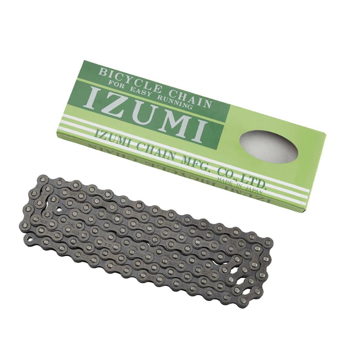 Izumi ES410 black track chain for fixed gear and track bikes, showing the 1/2" x 1/8" metal chain links.