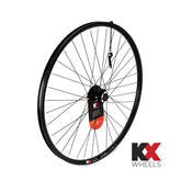 KX MTB 29" front wheel with doublewall rim, quick-release axle, and disc brake mount in black for mountain biking.