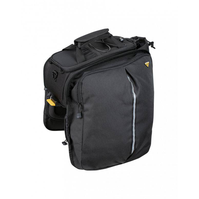 Topeak MTX TrunkBag EXP black bike rack bag with Pannier 2.0 and QuickTrack system, showing the expandable design and attachment.