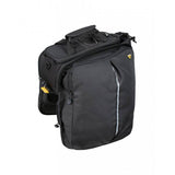 Topeak MTX TrunkBag EXP black bike rack bag with Pannier 2.0 and QuickTrack system, showing the expandable design and attachment.