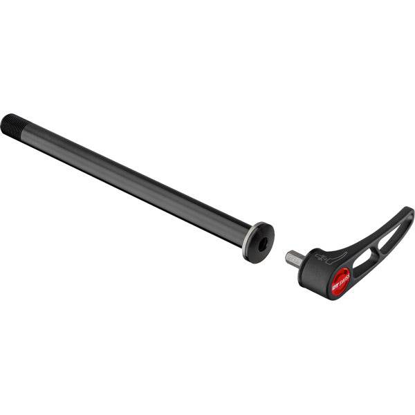 DT Swiss RWS Plug In MTB rear thru axle 12x142mm for Syntace X-12, metal component with threading and quick-release lever.