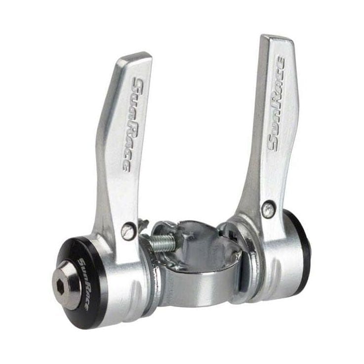 SunRace R30 downtube road bike shifters showing ergonomic design and gear control mechanism on a durable component.