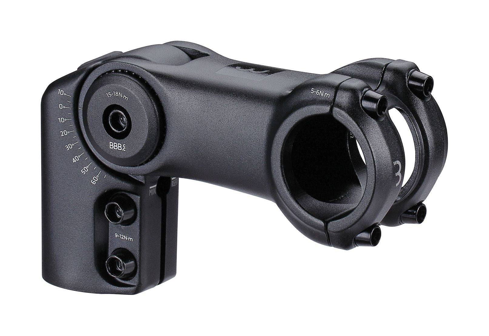 BBB Highfix OS Adjustable Bike Stem with 31.8mm clamp and angle adjustment, shown in a close-up view of the component.