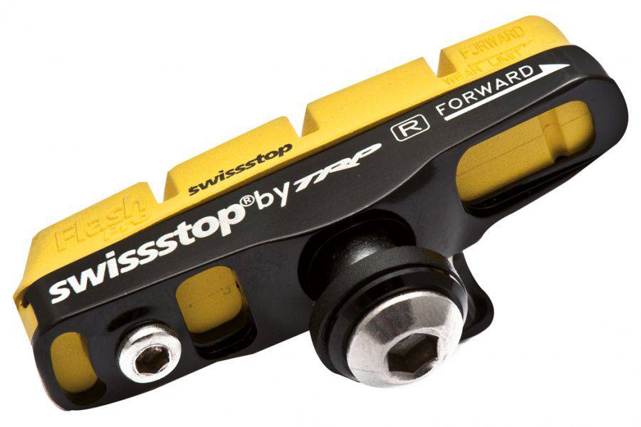 SwissStop Flash Pro full brake pads for Shimano, SRAM, and TRP rim brakes, shown in a close-up image emphasizing their design.