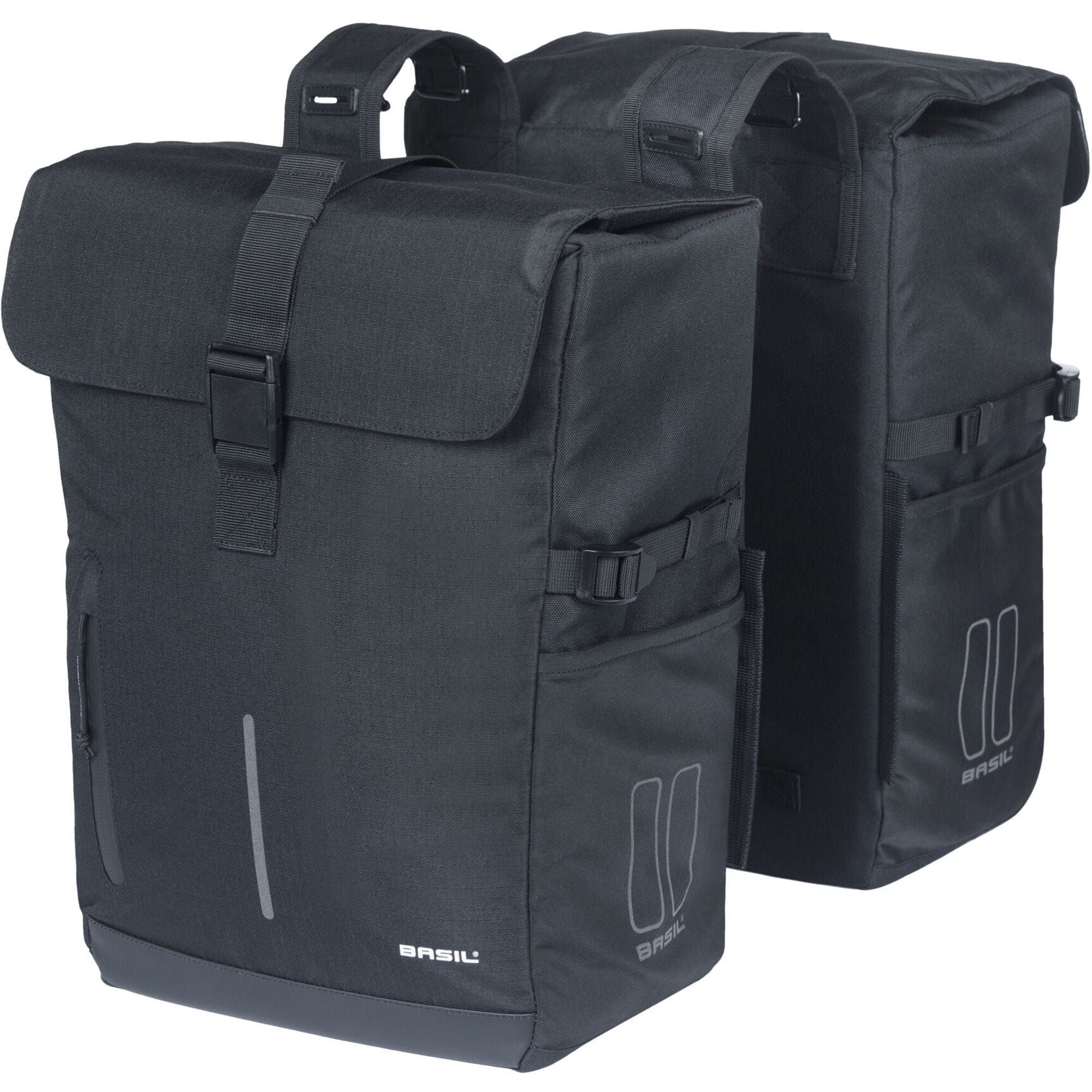 Black Basil Move Double Bicycle Bag with rain cover, 30L capacity, designed for commuting and cycling accessories.